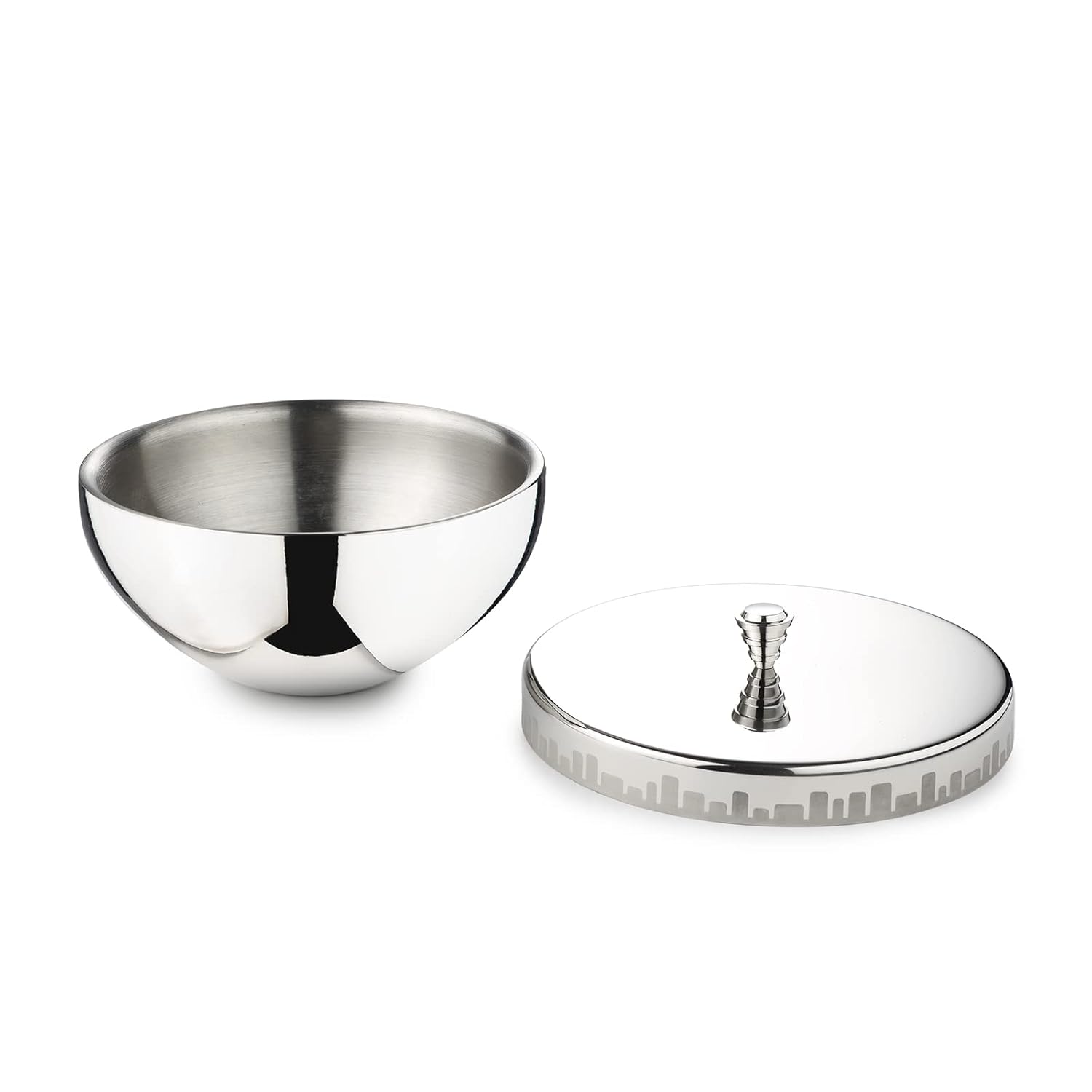 Chrome Stainless Steel Double-Walled Serving Bowl With Lid - Urban Horizon Series | Stainless Steel Donga With Lid | Small Dining Table Bowl | Cityscape Pattern Curry, Rice, Sabzi Serving Bowl Chrome Stainless Steel Double-Walled Serving Bowl With Lid - Urban Horizon Series | Stainless Steel Donga With Lid | Small Dining Table Bowl | Cityscape Pattern Curry, Rice, Sabzi Serving Bowl