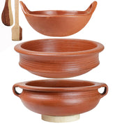 Deep Burned Uncoated Clay Pot + Kadai + Handi With Handle Combo With 2 Wooden Spatulas Complimentary Pack Of 3 - Red, 1+2+2 Liters | Pre-Seasoned Mud Pot - Unglazed, Double Fired, Hand Crafted