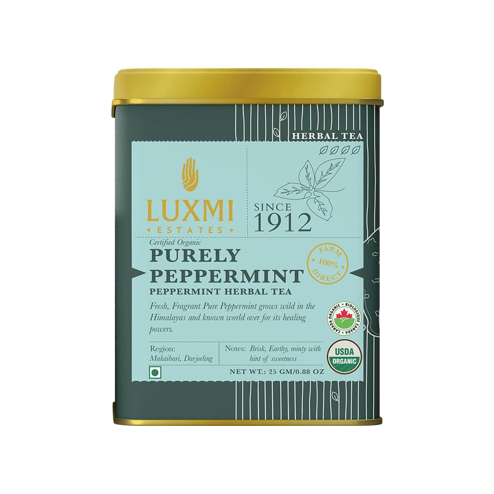 Luxmi Estates Purely Peppermint Herbal Tea 25gm Tin, 0.8 Ounce + Vanilla Spice Chai Black Tea 100gm Tin, 3.5 Ounce | USDA Certified Organic Tea - Caffeine Free Tea For Energy Luxmi Estates Purely Peppermint Herbal Tea 25gm Tin, 0.8 Ounce + Vanilla Spice Chai Black Tea 100gm Tin, 3.5 Ounce | USDA Certified Organic Tea - Caffeine Free Tea For Energy