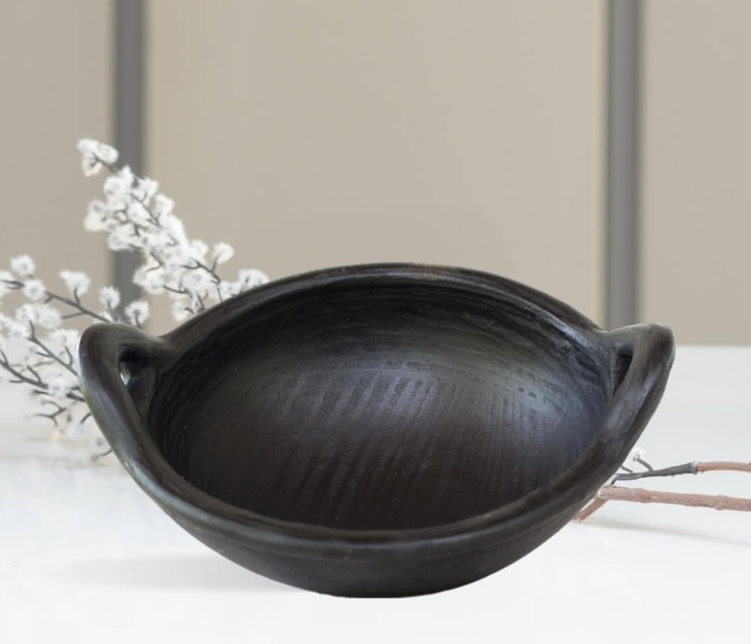 Deep Burned Uncoated Clay Kadai With Handle With 2 Wooden Spatulas Complimentary For Cooking & Serving - Black, 1 Liter | Pre-Seasoned Mud Kadhai - Unglazed, Double Fired, Hand Crafted Deep Burned Uncoated Clay Kadai With Handle With 2 Wooden Spatulas Complimentary For Cooking & Serving - Black, 1 Liter | Pre-Seasoned Mud Kadhai - Unglazed, Double Fired, Hand Crafted