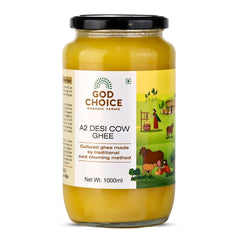 Organic Natural A2 Desi Cow Ghee By God Choice Organic Farms | High In Protein Fiber Healthy Desi Ghee For Enhances Brain Function | (1 Litr) 33.8 Ounce | Jar Pack