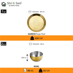 High Grade Stainless Steel Ganesh Pooja Thali Set Gold PVD Coating, 3-Pieces | 1 Pooja Thali+ 2 Bowls