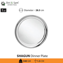 Stainless Steel Shagun Solid Dinner Set Of 6 Pcs, Silver | 1 Dinner Plate+ 1 Dinner Spoon+ 1 Glass+ 1 Bidding Bowl+ 1 Pudding Bowl+ 1 Halwa Plate