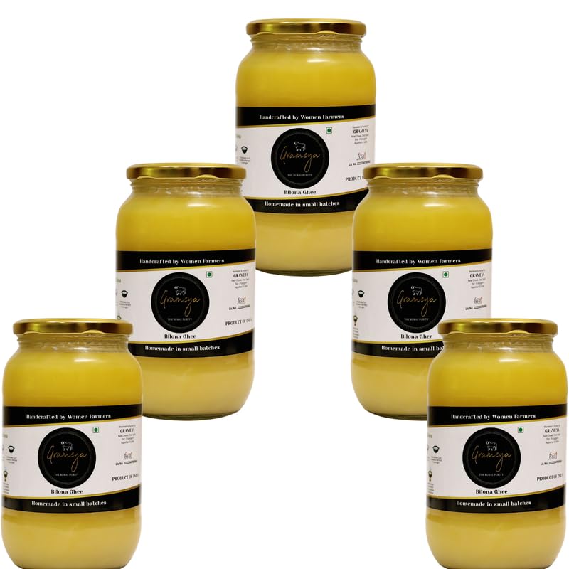 100% Pure Desi Cow Ghee By Grameya | Rich Source Of Vitamin & Protein Fiber Pure Healthy Cow Ghee Perfect For Cooking | 5 Litre (1 Litre * 5) 169.0 Ounce | Jar Pack