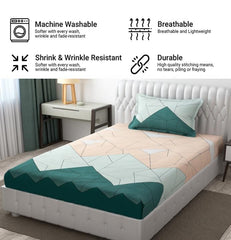 Soft Cotton Printed 1 Single Bedsheet With 1 Large Size Pillow Covers - 60 X 90 Inches, Beige & Green | 240 Thread Count - Light Weight, Suitable For All Seasons & Easy To Wash