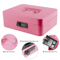 Large Cash Box With Combination Lock Safe Metal Money Box With Money Tray For Security Lock Box 9.84"X 7.87"X 3.54" Colour - Pink
