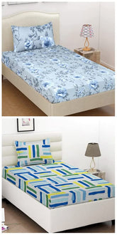 100% Cotton 2 Bedsheet For Single Bed With 2 King Size Pillow Covers Soft | 60 X 90 Inches, Multicolor, Grey & Blue - Soft & Smooth To The Touch