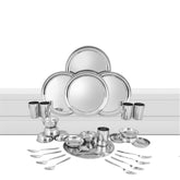 Stainless Steel Shagun Solid Dinner Set Of 30 Pcs, Silver | 5 Dinner Plates+ 5 Bidding Bowls+ 5 Pudding Bowls+ 5 Glasses+ 5 Dinner Spoon+ 5 Dinner Fork