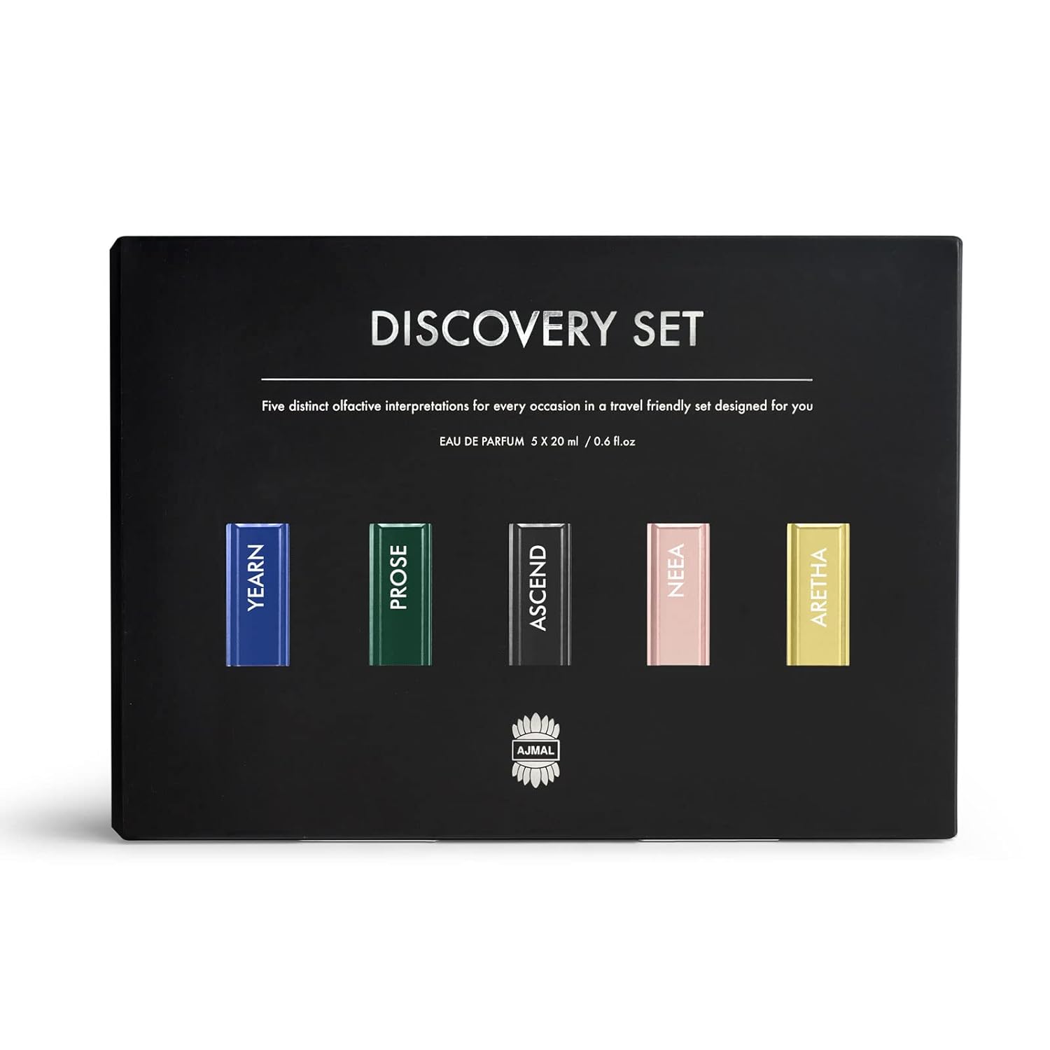 Ajmal Yearn, Prose, Ascend, Neea & Aretha Discovery Eau De Parfum 20ml 0.6 Fl.oz. Each Set Of 5  | For Men & Women Ajmal Yearn, Prose, Ascend, Neea & Aretha Discovery Eau De Parfum 20ml 0.6 Fl.oz. Each Set Of 5  | For Men & Women