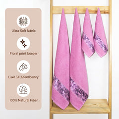 Rangoli 100% Cotton Fibre 2 Hand & 2 Bath Towels 1400 Gsm | Highly Durable & Absorbent With Printed Border | Quick Drying Towels (Pink) - Pack Of 4