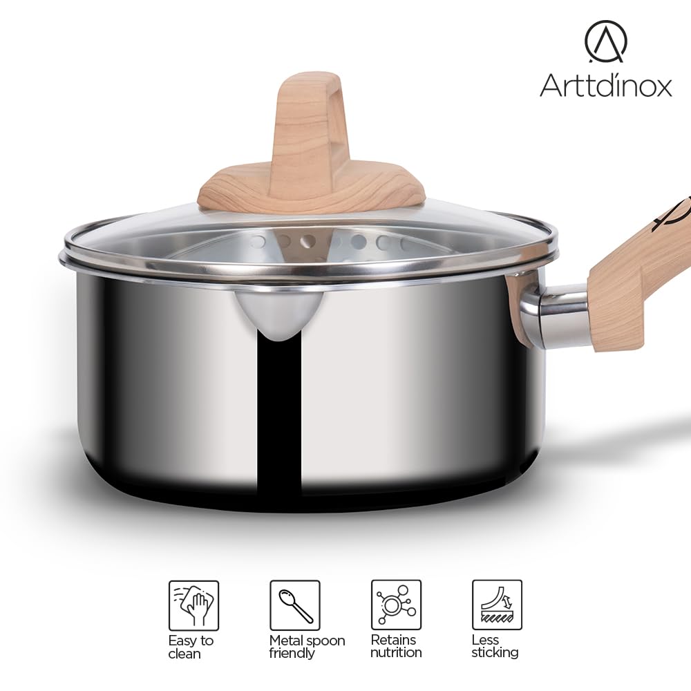 Timber Stainless Steel Triply Saucepan With Glass Lid - 16 Cm, 1.5 Liters | Milk Pot, Tea Pan, Wood Finished Handle - Gas & Induction Base Timber Stainless Steel Triply Saucepan With Glass Lid - 16 Cm, 1.5 Liters | Milk Pot, Tea Pan, Wood Finished Handle - Gas & Induction Base