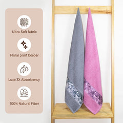 Rangoli 100% Cotton Fibre Bath Towels 1000 Gsm | Highly Durable & Absorbent With Printed Border | Quick Drying Towels (Pink & Grey) - Pack Of 2