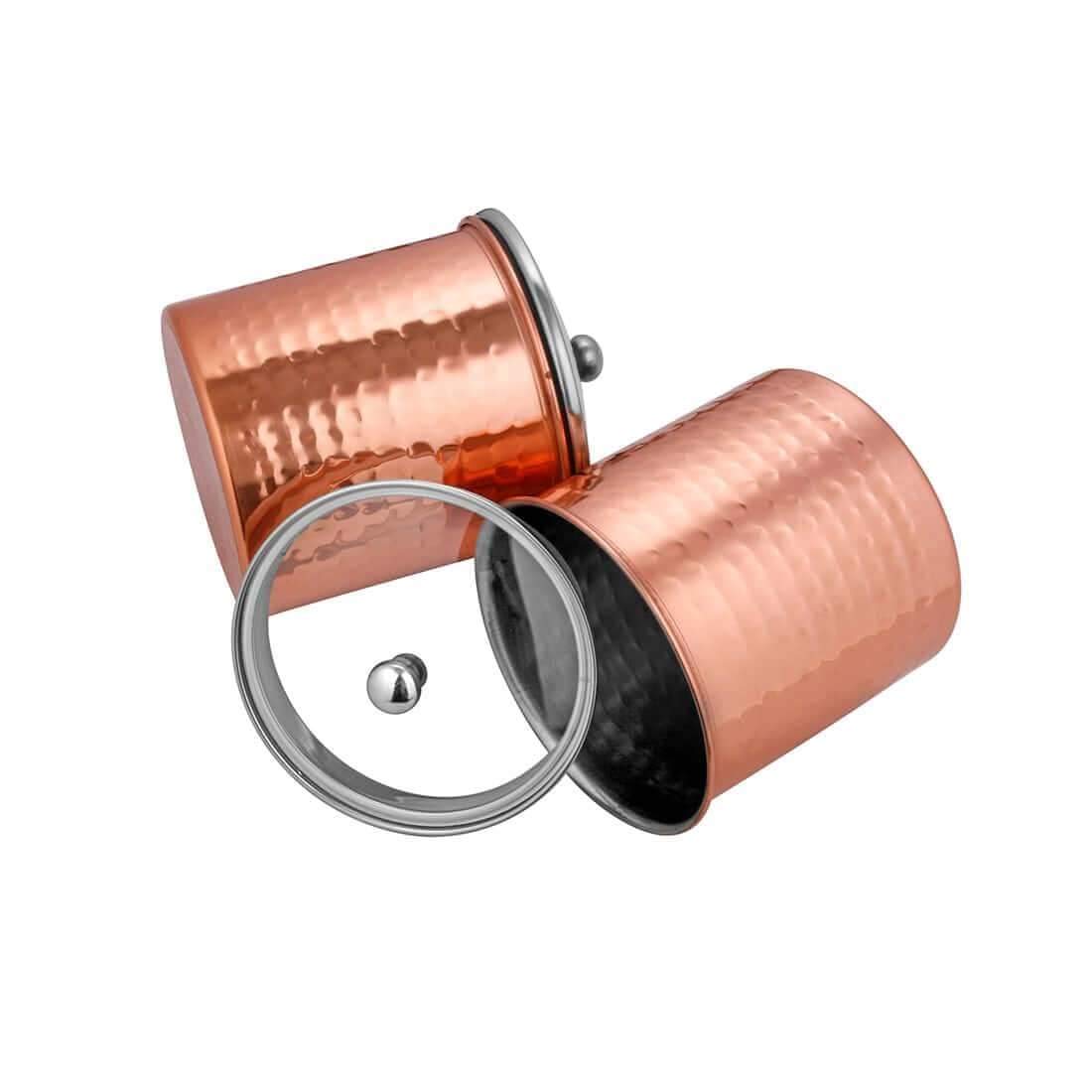 High Grade Stainless Steel Copper Coating Cantera Hammered Canister Set Of 2 Pcs With Glass Lid | Capacity - 700ml Each, Dia - 11 Cm Each High Grade Stainless Steel Copper Coating Cantera Hammered Canister Set Of 2 Pcs With Glass Lid | Capacity - 700ml Each, Dia - 11 Cm Each