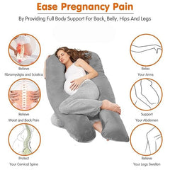 Necxy Multifunctional J Shaped Pregnancy, Maternity Pillow, Full Body Pillow, Grey | For Pregnant Women, For Belly Stomach & Hip Pain - Body Support Pillow With Washable Cover