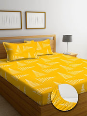 Premium Cotton Elastic Fitted Bedsheets With 2 King Size Pillow Covers - 72 X 78 + 10 Inches, Yellow & White | Super Soft Brushed Glace | Breathable & Wrinkle Free