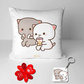 Peach & Goma Mochi Cat Pillow Cushion, Keychain With Card, White - 12 X 12 Inch | Modern Square Pillow, Soft Pillow, For Valentine's Day, Birthday, Wedding, Anniversary, Model No - Combo 28