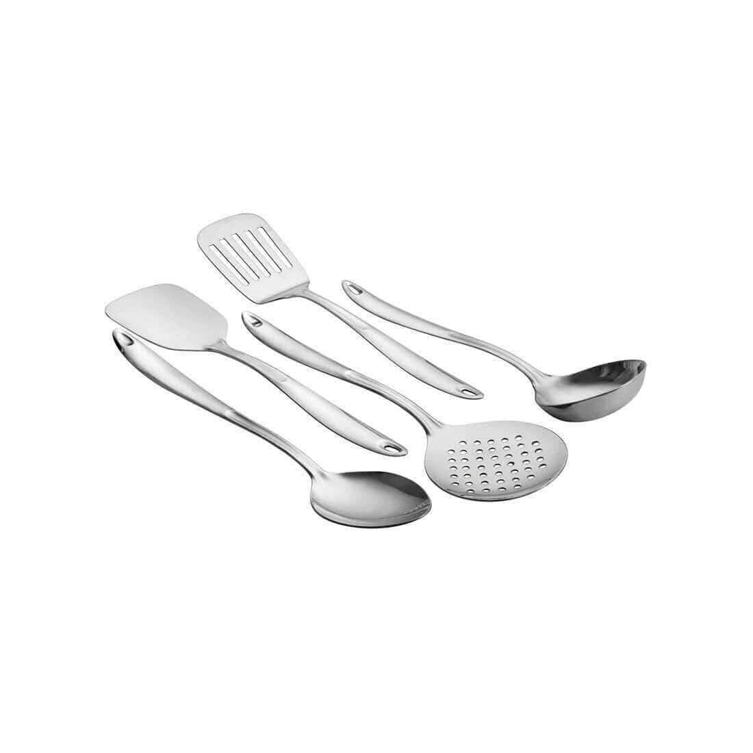 Ruby High Grade Stainless Steel Kitchen Tools Pack Of 5, Silver | 1 Basting Spoon Solid+ 1 Ladle+ 1 Turner Solid+ 1 Skimmer+ 1 Turner Slotted Ruby High Grade Stainless Steel Kitchen Tools Pack Of 5, Silver | 1 Basting Spoon Solid+ 1 Ladle+ 1 Turner Solid+ 1 Skimmer+ 1 Turner Slotted