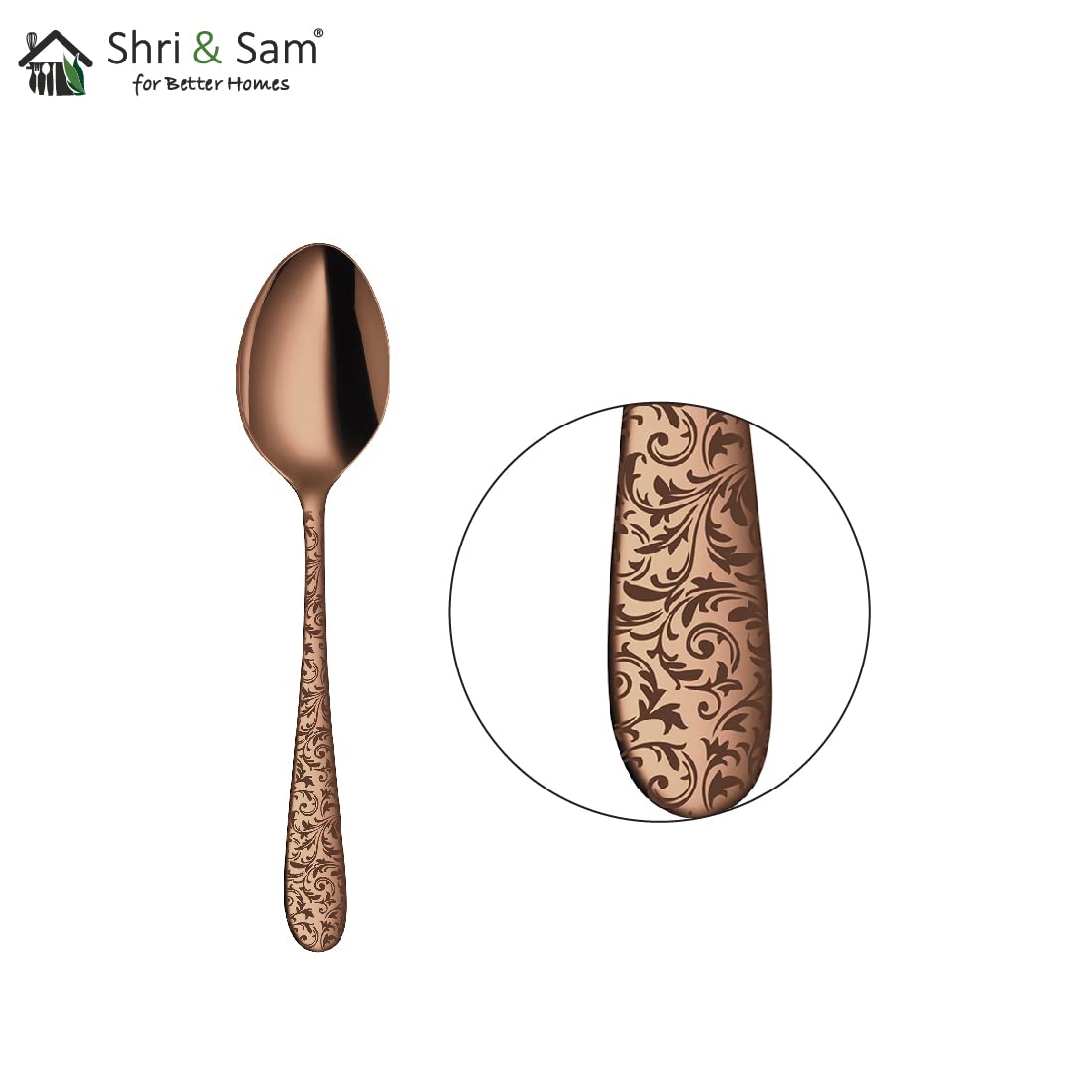 Stainless Steel Jasmine With Rose Gold PVD Coating & Laser Desert Spoon Set Of 6 Pieces | Easy To Clean & Dishwasher Safe Stainless Steel Jasmine With Rose Gold PVD Coating & Laser Desert Spoon Set Of 6 Pieces | Easy To Clean & Dishwasher Safe