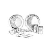 Designer Stainless Steel Delight Laser Bloom Dinner Set Of 12 Pieces, Silver | 2 Dinner Plates+ 2 Glasses+ 2 Bowls+ 2 Pudding Bowls+ 2 Dessert Spoons+ 2 Tea Spoons