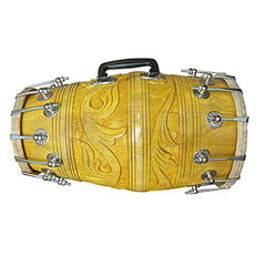 Carving Design Dholak - Percussion Indian Music Instrument Folk For Bhajan Kirtan Pooja | Mango Wood Dholak - Golden
