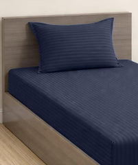 Satin Stripe Single Bedsheet Elastic Fitted With 1 Pillow Cover - 36 X 72 Inches, Dark Blue | Perfect For Use In A Home, Hotel Or Ideal For Bedroom Style