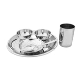 Stainless Steel Delight Solid Dinner Set Of 6 Pieces, Silver | 1 Dinner Plate+ 1 Glass+ 2 Bowls+ 1 Pudding Bowl+ 1 Dessert Spoon