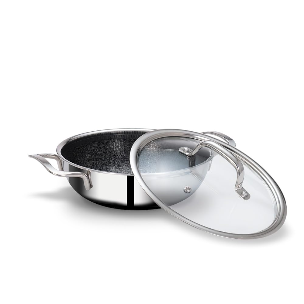 Stellar Stainless Steel Triply Kadhai With Lid - 24 Cm, 2.7 Liters | Etched Nonstick PTFE Kadai - Rivet Less Double Handles | Gas & Induction Base