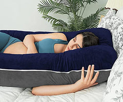 U Shaped Pillow, Pregnancy Pillow For Maternity & Baby Nursing - Grey, Dark Blue | Pregnant Women Stomach, Spine, Neck Support, Velvet Outer Cover With Zip, Full Body Pillow, Adjustable