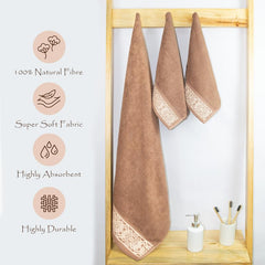 Rangoli 100% Cotton Fibre 2 Hand & 1 Bath Towel 1100 Gsm | Highly Durable & Absorbent Towel | Skin-Friendly & Quick Drying Luxury Towels (Golden Brown) - Pack Of 3