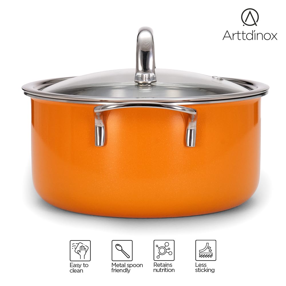Vida Stainless Steel Triply Stock Pot With Glass Lid - 18 Cm, 2 Liters, Volcanic Color | Bhagona For Biryani, Pulao, Halwa, Curries - Rivet Less Handle | Induction & Gas Base Vida Stainless Steel Triply Stock Pot With Glass Lid - 18 Cm, 2 Liters, Volcanic Color | Bhagona For Biryani, Pulao, Halwa, Curries - Rivet Less Handle | Induction & Gas Base