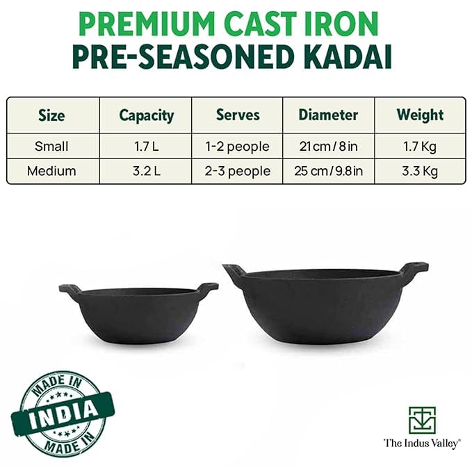Pre-Seasoned Black Cast Iron Kadai With Curved Handles - Small, 21 Cm, 8 Inch, 1.7 Liters, 1.7 Kg | Induction Friendly, Naturally Nonstick Kadhai, 100% Pure & Toxin-Free, No Chemical Coating Pre-Seasoned Black Cast Iron Kadai With Curved Handles - Small, 21 Cm, 8 Inch, 1.7 Liters, 1.7 Kg | Induction Friendly, Naturally Nonstick Kadhai, 100% Pure & Toxin-Free, No Chemical Coating