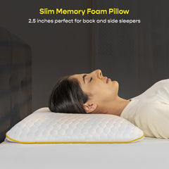 Slim Memory Foam Pillow, Thin Support Pillow For Pain Relief, Standard Size - 4.5 X 15 Inches, White & Sky-Blue | Premium Bamboo Zipper Cover, Neck Support, Removable Cover - Pack Of 1