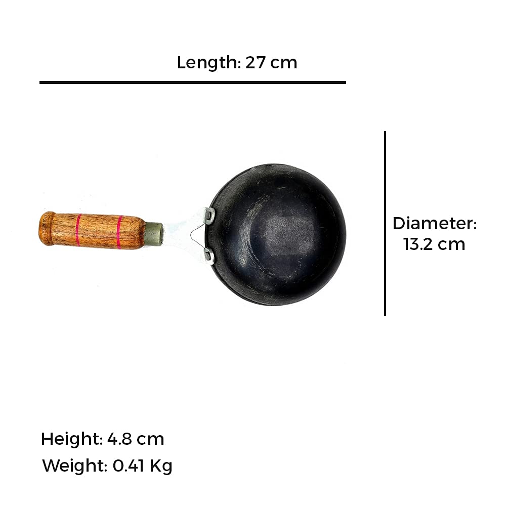 Pre-Seasoned Iron Tadka Pan With Wooden Handle - Very Small 12.7cm, 5 Inch, 0.3 Liter, 0.4 Kg | Gas Compatible - 100% Pure & Toxin-Free, No Chemical Coating Pre-Seasoned Iron Tadka Pan With Wooden Handle - Very Small 12.7cm, 5 Inch, 0.3 Liter, 0.4 Kg | Gas Compatible - 100% Pure & Toxin-Free, No Chemical Coating