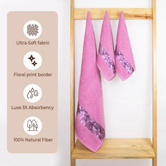 Rangoli 100% Cotton Fibre 1 Bath & 2 Hand Towels 900 Gsm | Highly Durable & Absorbent With Printed Border | Quick Drying Towels (Pink)