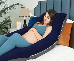 U Shaped Pillow, Pregnancy Pillow For Maternity & Baby Nursing - Grey, Dark Blue | Pregnant Women Stomach, Spine, Neck Support, Velvet Outer Cover With Zip, Full Body Pillow, Adjustable