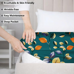 Cotton Elastic Fitted Bedsheets With 2 Pillow Covers Double Bed All Around Elastic Sheet Leaf Print | 72 X 78 +10 Inches, Dark Green-Breathable & Skin-Friendly Bedsheet