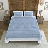 Hand Block Printed Cotton King Size Bedsheet With 2 Pillow Covers, 90 X 108 Inches, Blue | 200 Thread Count-Good For Villas, Resorts, Guest Houses, & Daily Home Use