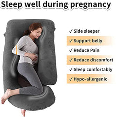 J Shaped Pillow, Pregnancy Pillow For Maternity & Baby Nursing - Grey & Dark Blue | Pregnant Women Stomach, Spine, Neck Support, Velvet Outer Cover With Zip, Adjustable, Multipurpose Use