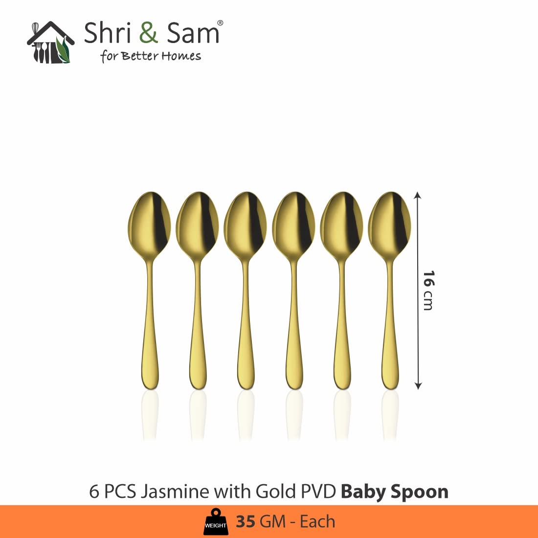 Stainless Steel Jasmine With Gold PVD Coating Baby Spoon Set Of 6 Pieces | Easy To Clean & Dishwasher Safe Stainless Steel Jasmine With Gold PVD Coating Baby Spoon Set Of 6 Pieces | Easy To Clean & Dishwasher Safe
