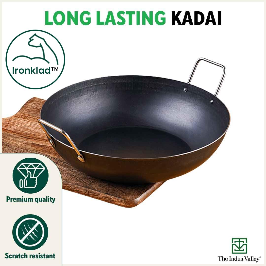 Pre-Seasoned Black Iron Kadai With Strong Handles - Large, 31 Cm, 12.2 Inch, 4.4 Liters, 1.4 Kg | Induction Friendly, Pre-Seasoned Iron Kadhai, 100% Pure & Toxin-Free, No Chemical Coating Pre-Seasoned Black Iron Kadai With Strong Handles - Large, 31 Cm, 12.2 Inch, 4.4 Liters, 1.4 Kg | Induction Friendly, Pre-Seasoned Iron Kadhai, 100% Pure & Toxin-Free, No Chemical Coating