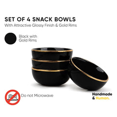 Ceramic Bowl Set Of 4 Pieces For Snacks - 330ml Each, Black Gold | Maggie Bowl, Noodle Bowl With Glossy Finish - Premium Stoneware | Microwave Safe & Dishwasher Safe