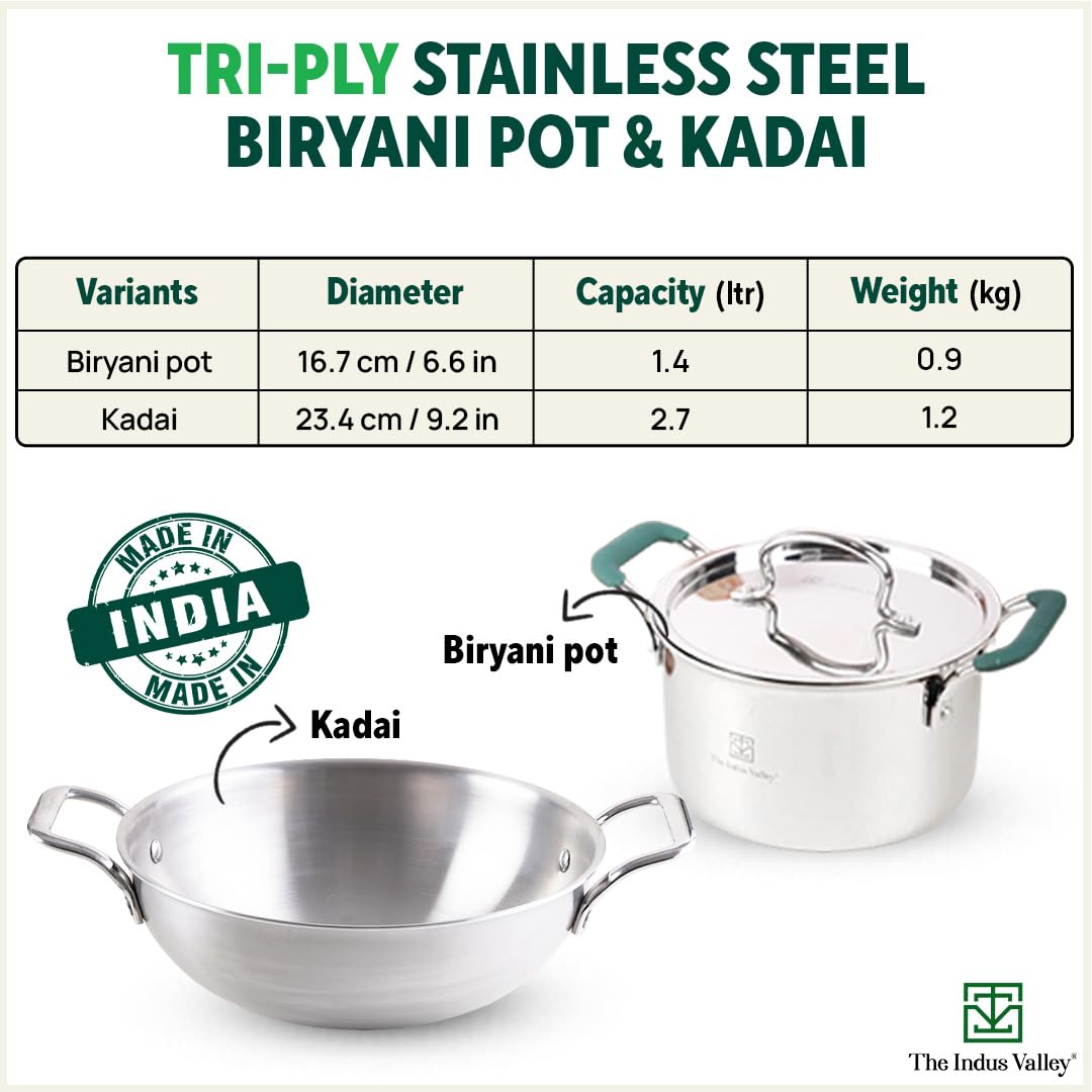 Triply Stainless Steel Cookware Set + Free Wooden Chopping Board | Kadai 23.4cm, 2.7 Liters + Stock Pot 16.7cm, 1.4 Liters - Pack Of 3 | Induction Friendly, Nonstick 3-Layer Body, 100% Pure & Toxin-Free Triply Stainless Steel Cookware Set + Free Wooden Chopping Board | Kadai 23.4cm, 2.7 Liters + Stock Pot 16.7cm, 1.4 Liters - Pack Of 3 | Induction Friendly, Nonstick 3-Layer Body, 100% Pure & Toxin-Free