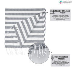Homadorn 100% Cotton Striped Fouta Bath Towels 700 Gsm | Soft Quick Dry & Absorbent Hand-Knotted Tassels | Turkish Hamam Towel (Grey - White)- Pack Of 2