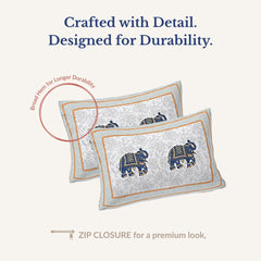 Jaipuri Cotton King Size Bedsheet With 2 Pillow Covers | 108 X 108 Inches, Grey & Blue | Traditional Printed Elephants Design | All Season Comfort & Festival Gift