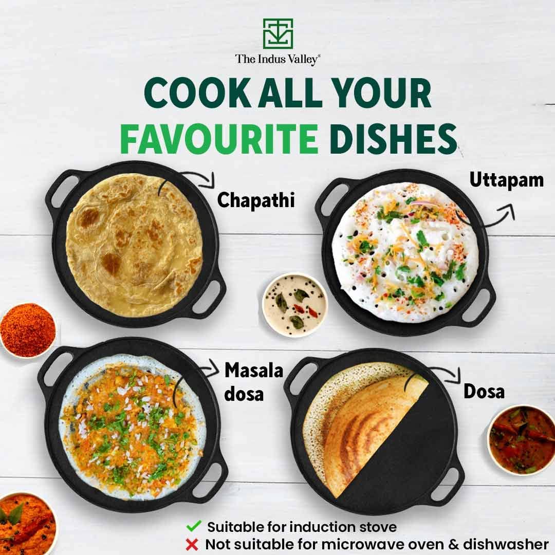 Pre-Seasoned Cast Iron Cookware Set - Tawa 30 Cm + Kadai 25.4 Cm, 2.3 Liters + Fry Pan 23 Cm, 1.4 Liters | Kitchen Cooking Combo Pots & Pans Set Of 3 Pcs - Naturally Nonstick Pre-Seasoned Cast Iron Cookware Set - Tawa 30 Cm + Kadai 25.4 Cm, 2.3 Liters + Fry Pan 23 Cm, 1.4 Liters | Kitchen Cooking Combo Pots & Pans Set Of 3 Pcs - Naturally Nonstick