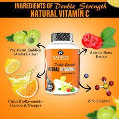 Naturyz Double Strength Natural Vitamin C & Zinc Supplement 1250 Mg With Amla, Acerola Cherry, Citrus Bioflavonoids For Immunity Support & Skincare | 60 Tablets , 100gm 0.2lbs