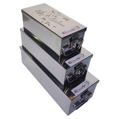 3 Sizes Stainless Steel Rectangular Jewellery Box Bank Locker Safe Storage Cash Peti Bank Box Container Set 8-Inch, 10.23-Inch, 12.2-Inch, Printed Laser Design, Colour - Silver