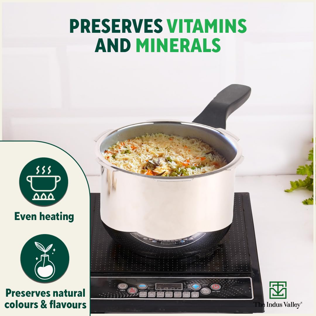 Stainless Steel Pressure Cooker Outer Lid 3 Liters For 2-3 People, 1.5 Kg | Induction Friendly, Small, ISI-Certified, Naturally Non-Stick, Tri-Ply Sandwich Bottom, 100% Pure & Toxin-Free, Long Lasting Stainless Steel Pressure Cooker Outer Lid 3 Liters For 2-3 People, 1.5 Kg | Induction Friendly, Small, ISI-Certified, Naturally Non-Stick, Tri-Ply Sandwich Bottom, 100% Pure & Toxin-Free, Long Lasting