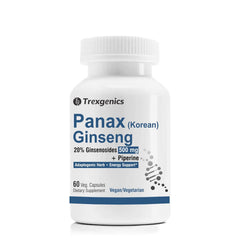 Trexgenics Panax Red Korean Ginseng 20% Ginesenosides 500mg Premium With Bio - Enhancer Piperine 5mg Adaptogen, Immunity, Energy, Cognitive Function | 60 Veg Capsules 100gm 0.2lbs