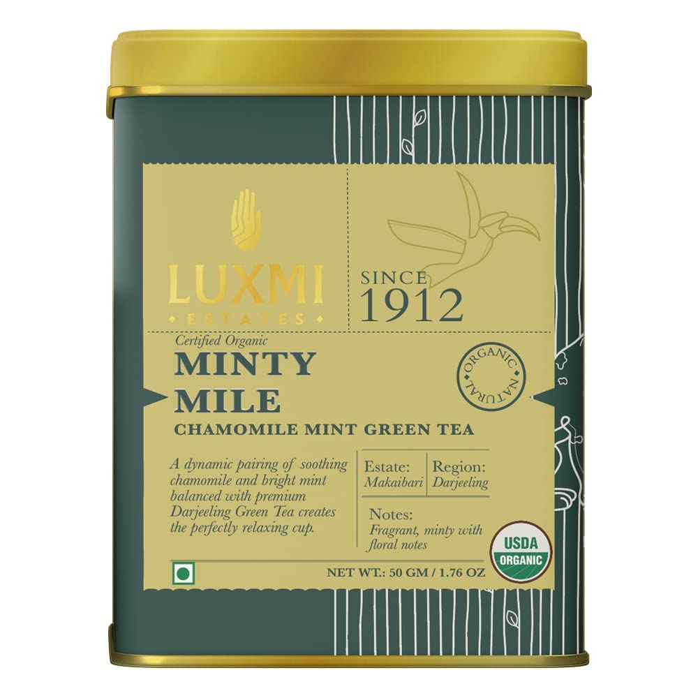 Luxmi Estates Minty Mile Chamomile Mint Green Tea - 50gm Tin, 1.7 Ounce, Pack Of 2 | USDA Certified Organic Green Tea - Low Caffeine Chamomile Green Tea Luxmi Estates Minty Mile Chamomile Mint Green Tea - 50gm Tin, 1.7 Ounce, Pack Of 2 | USDA Certified Organic Green Tea - Low Caffeine Chamomile Green Tea